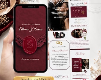 Burgundy Wedding Website Invitation | Trackable RSVP Link Canva Template, Burgundy Florals & Ivory Digital Editable Canva Invite with Music
