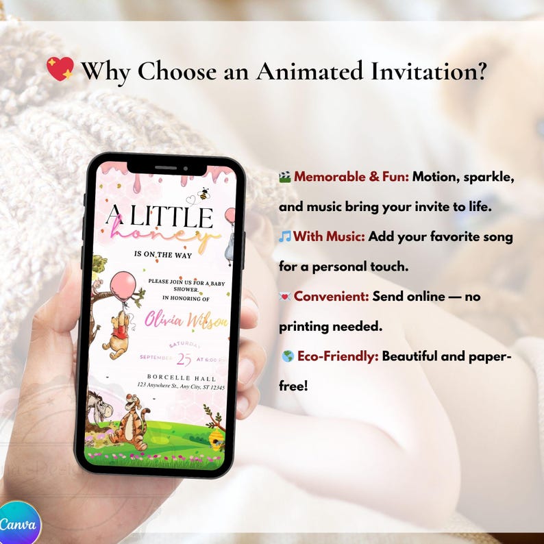 Winnie the Pooh Baby Girl Shower Invitation Animated | Pink Teddy Bear Honey Evite  | Editable Canva Digital Invite with RSVP QR Code