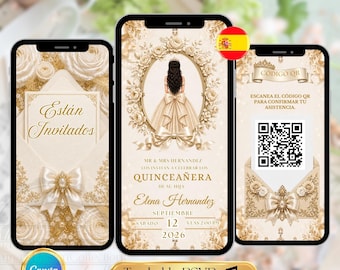 Champagne Quinceanera Videoeinladung, Mis Quince Años spanische Version einladen, digital bearbeitbare Vorlage animiert mit Tracker RSVP QR-Code