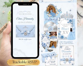 Light Blue Rose Quinceañera Invitation Website | Light Blue Silver Sweet 16 Invite  Editable Template | Digital Mis Quince Anos RSVP Tracker