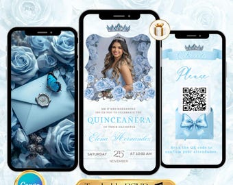 Invitación digital para quinceañera en azul claro. Plantilla editable en video. Invitación digital para quinceañera (15 y 16 años). Confirmación de asistencia rastreable.