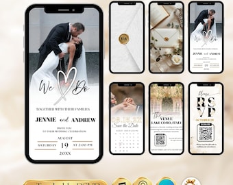 Faire-part de mariage roses blanc crème, modèle de toile modifiable, invitation numérique élégante, suite de mariage moderne romantique, téléchargement immédiat