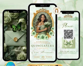 Sage Green Gold Quinceanera Invitation Video Editable Template Digital Quinceanera Invite for Sweet 15 & 16 Digital InviteTrackable RSVP