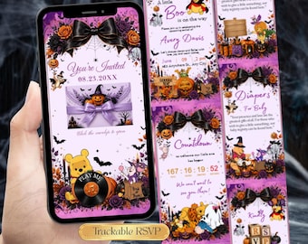 Könnte beinhalten: Eine digitale Einladungsvorlage für eine Babyparty mit Winnie Puuh-Figuren in Halloween-Kostümen, violetten und orangen Blumenakzenten, schwarzen Schleifen und Text, einschließlich "A little Boo is on the way" und "You're Invited".