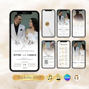 Animated Wedding Invitation Canva Template | Digital Wedding Invite with QR Code RSVP | White Rose Neutral Minimal Wedding Trackable RSVP