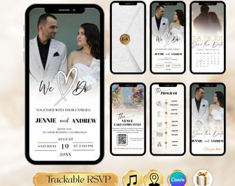 Plantilla de Canva para invitación de boda animada / Invitación de boda digital con código QR RSVP / Rosa blanca neutral minimalista RSVP rastreable