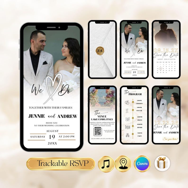 Animated Wedding Invitation Canva Template | Digital Wedding Invite with QR Code RSVP | White Rose Neutral Minimal Wedding Trackable RSVP