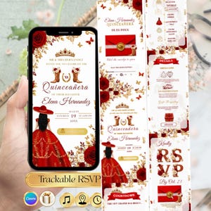May include: A smartphone displays a Quinceañera invitation design. The design features red roses, gold accents, and the text "Elena Hernandez." The invitation includes details like the date, time, and RSVP information. The design is elegant and festive.