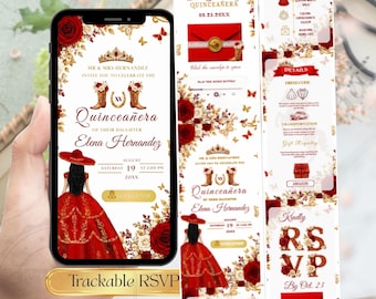 May include: A smartphone displays a Quinceañera invitation design. The design features red roses, gold accents, and the text "Elena Hernandez." The invitation includes details like the date, time, and RSVP information. The design is elegant and festive.