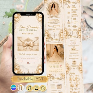Puede incluir: Una invitación digital de quinceañera mostrada en la pantalla de un teléfono y en un diseño vertical, con marcos dorados ornamentados, un gráfico de sobre central con un lazo, detalles del evento, un temporizador de cuenta regresiva y un RSVP.