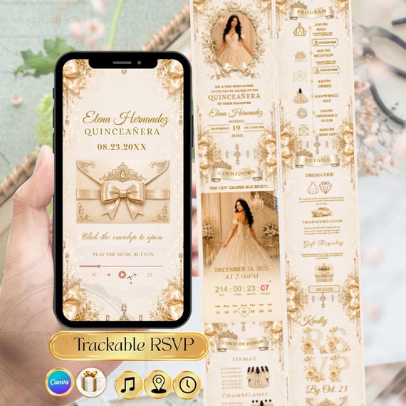 Elegant Champagne Quinceañera Website Template, Gold Ribbon Sweet 16 15 Invitation, Editable Canva RSVP Birthday Invite with Trackable RSVP