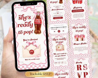 May include: A smartphone displays a baby shower invitation with a pink and white theme. The invitation features a Coca-Cola bottle graphic and the phrase "She's ready to pop!" Additional cards include registry and RSVP details.