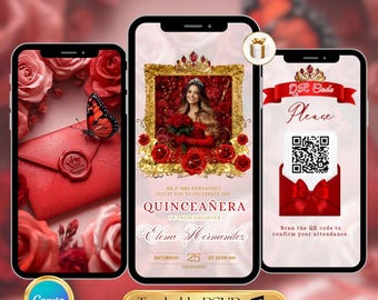 Red Quinceanera Invitation Video Editable Red Birthday Template Digital Quinceanera Invite for Sweet 15 & 16 Digital InviteTrackable RSVP