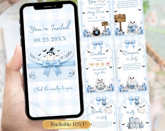 Halloween Light Blue Baby Shower Website invite, A little Boo is on the way Invitation for Boy, Spooky Editable Canva Template RSVP Tracker