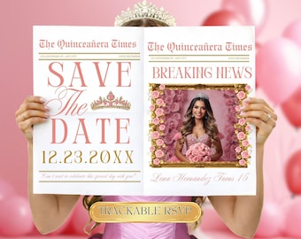 Quinceanera Pink Save The Date Newspaper | Canva Template | Quinceañera invitation | Quince Photoshoot Newspaper | Sweet 15 Newspaper RSVP