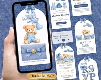Sitio web de invitación para baby shower de vaqueros azules con RSVP rastreable / Baby shower de vaquero estilo western para niño / Plantilla de invitación en línea editable de vaquero