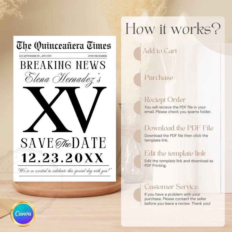 May include: A black and white newspaper-themed invitation for a Quincea&ntilde;era, featuring the headline "Breaking News" and "Save the Date." The design includes the name "Elena Hernandez's" and the date 12.23.20XX.