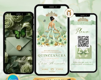 Quinceanera Birthday Invite, Sage Green Quinceañera Animated Invitation, Fifteenth Bday Party, Mis Quince Años E-vite, Digital Sweet 16 15
