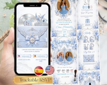 Luxury Light Blue Silver Quinceañera Invite, Blue Conquette Trackable RSVP Website, Editable Template Bilingual Spanish & English Invitation