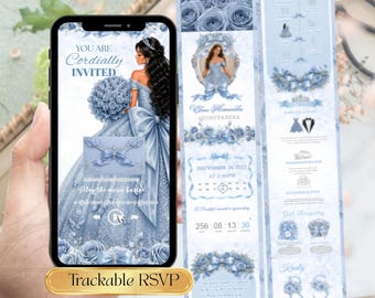 Sitio web de invitación Dusty Blue Quinceañera, invitación digital Blue Sweet 15 Mis Quince Años, plantilla Canva editable, rastreador de confirmación de asistencia en línea