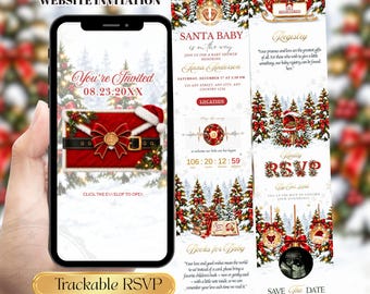 Site de convites para chá de bebê com tema de Papai Noel | Chá de bebê de inverno e Natalino | Modelo de convite para chá de bebê com tema natalino e confirmação de presença