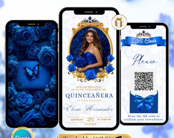Invitación animada de quinceañera azul rey / Plantilla editable de Canva con formulario de confirmación de asistencia con código QR y música / Invitación en video para quinceañeras