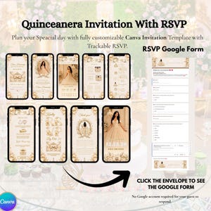 Luxury Champagne Quinceañera Website Template, Gold Ribbon Sweet 16 15 Invitation, Editable Canva RSVP Birthday Invite with Trackable RSVP