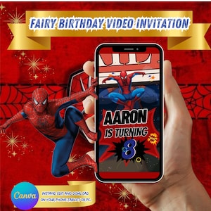 May include: A red and blue Spiderman character is jumping in front of a smartphone screen. The screen shows a video invitation for a birthday party. The invitation says "AARON IS TURNING 8".