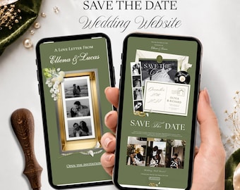 Olive Green Save the Date Website Template Invite | Editable Green Wedding Invitation with RSVP, Music, Photo Slideshow & Gold Photobooth