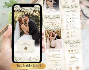 Plantilla web de invitación de boda en blanco crema, invitación editable en Canva E, enlace de confirmación de asistencia rastreable, invitación de boda animada, música y cuenta regresiva.