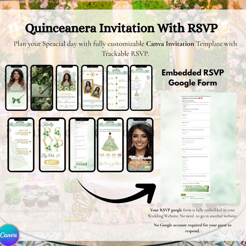 Sage Green Quinceanera Digital Invitation, Editable Template for 15th Birthday, Instant Download Floral Design Sweet 15 Invite RSVP Online