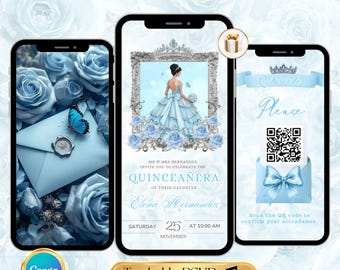 May include: Three smartphones displaying a quinceañera invitation. The central phone shows a woman in a blue gown. The left phone displays a blue butterfly and envelope. The right phone shows a QR code. Text includes "Quinceañera" and "Elena Hernandez".