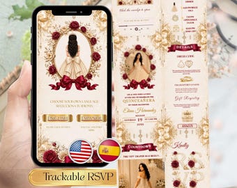 Champagne Red Wine Roses Quinceañera Invitation Website,Red Wine Bow Mis Quince Años Digital Template, Bilingual English Spanish RSVP Invite