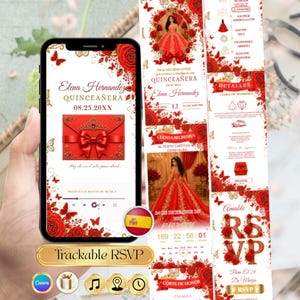 Red Bow Quinceañera Invitation Website Sweet 15 or 16, Elegant Red Gold Mis Quince Anos Invite, Editable Canva Template RSVP Tracker Spanish