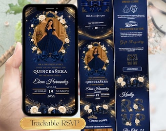 Navy Blue Bow Quinceanera Invitation Website, Navy Gold Sweet 16 Invite, Editable Mis Quince Anos Template Digital Birthday Trackable RSVP