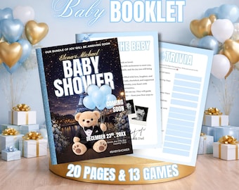 Paris Baby Boy Shower Games Booklet, Baby Shower Magazine Template, Baby Trivia Bingo, Editable Canva, Blue French Theme Party Games