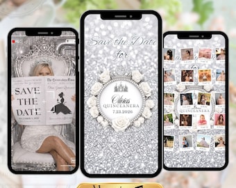 Quinceanera Save The Date Video| Canva Template | Quinceañera invitation | Quince Instagram Invitation| Sweet 15 Social Media Photos Silver