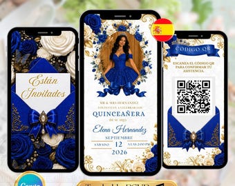 Königsblaue Spanische Quinceamaßa Sweet 16-Videoeinladung, Blaugold-Trackable-QR-Code-RSVP, bearbeitbare digitale Einladung Mis Quince Anos E-vite