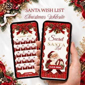 Puede incluir: Dos teléfonos inteligentes muestran un sitio web navideño titulado Santa Wish List. Las pantallas presentan bordes de cuadros rojos, texto dorado y gráficos de Santa Claus y sobres. Un botón rojo con la etiqueta CLICK HERE es visible en ambas.