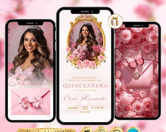 Quinceañera Digital Invitation Sweet 16  – Pink Roses 15 Años RSVP Website – Editable Canva Template Custom Birthday Trackable RSVP