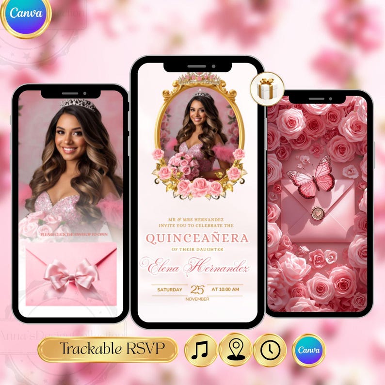 Sweet 16 Pink Roses Quinceañera Digital Invitation Sweet 16 – Pink Roses 15 Años RSVP ...
