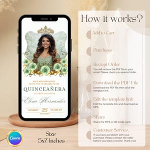 Sage Green Quinceanera Digital Invitation, Editable Template for 15th Birthday, Instant Download Floral Design Sweet 15 Invite RSVP Online