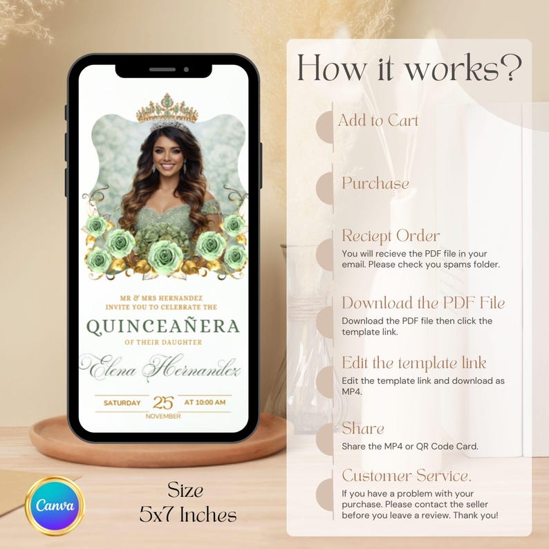 Sage Green Quinceanera Digital Invitation, Editable Template for 15th Birthday, Instant Download Floral Design Sweet 15 Invite RSVP Online