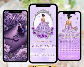 Save the Date Quinceañera Video Invitation Sweet 15 | Lilac Purple Animated Invite | Mis Quince Años Editable Digital Template with Music