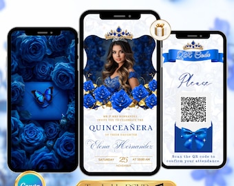 Invitación de quinceañera con rosas doradas en azul real, código QR rastreable RSVP - Plantilla editable de Canva Mis Quince 15 años, dulces 15 y 16 cumpleaños