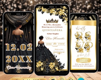 Black & Gold Quinceañera Website Invitation Digital RSVP Online Mis Quince 15 Anos Canva Editable Template Sweet 16 or 18 Birthday