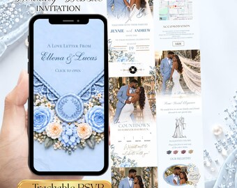 Luxury Light Blue Florals Digital Wedding Invitation | Baby Blue Florals Animated Editable Canva Template | Digital Invite with RSVP Tracker