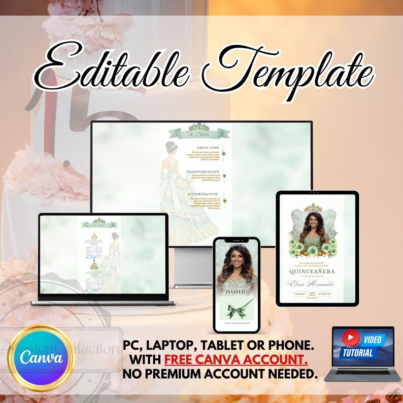 Sage Green Quinceanera Digital Invitation, Editable Template for 15th Birthday, Instant Download Floral Design Sweet 15 Invite RSVP Online