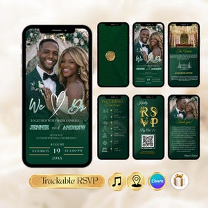 Op de afbeelding: Een digitale huwelijksuitnodigingssuite weergegeven op smartphones. De belangrijkste uitnodiging toont een foto van het paar, met de woorden "We Do" en details voor de bruiloft op 19 augustus. Extra schermen tonen een bruilofttijdlijn, RSVP-informatie en een bedankbericht.