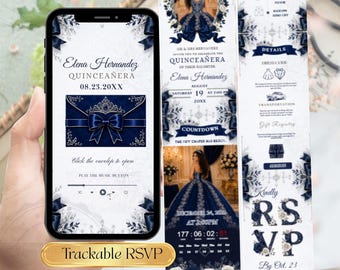 Navy Blue SIlver Quinceañera  WebsiteInvitation, Miss Quince Anos Editable Canva Template, Navy Blue Ivory Florals with RSVP Tracker & Music